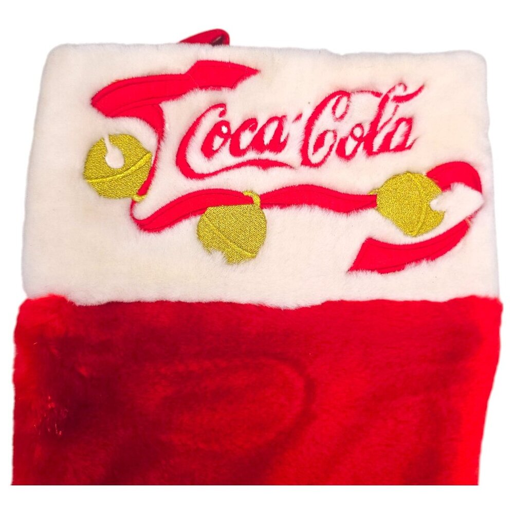Coca-Cola Christmas Stocking Cavanagh Coke Brand Red Plush 18" Gold Bell Accents - Picture 3 of 9